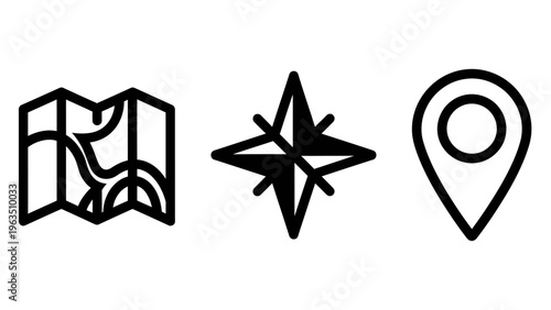 Navigation map, compass rose, and location pin outline icons vector illustration for travel guide