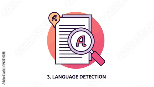 Language detection and translation icon depicting a document, magnifying glass, and 'a' symbol, representing linguistic analysis and software