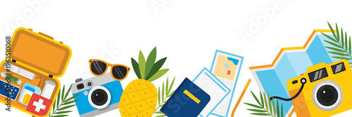 Colorful travel accessories and objects for summer vacation planning
