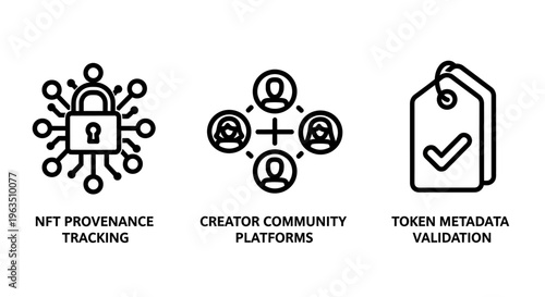 Nft provenance tracking, creator community platforms, and token metadata validation icons for blockchain and digital asset technology