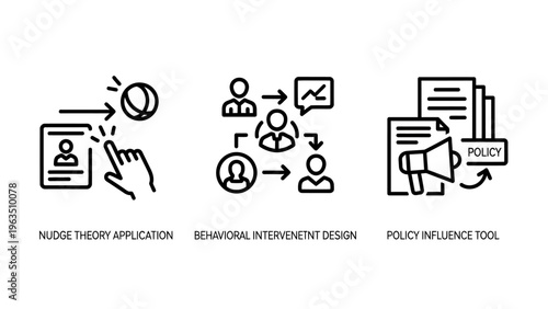 Web application, stakeholder engagement, and policy advocacy icons depicting digital communication and business processes for corporate strategy