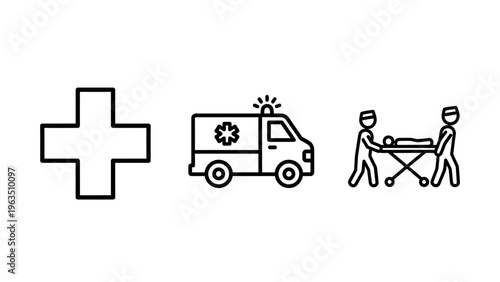 Medical cross, ambulance, and paramedics with stretcher icons symbolize emergency medical services, healthcare, and urgent patient care