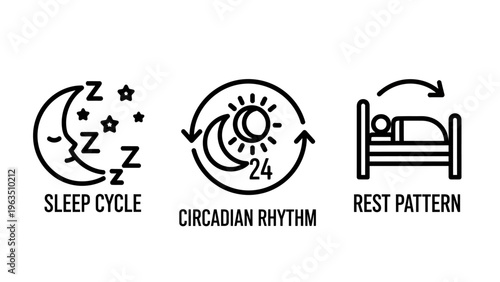Sleep cycle, circadian rhythm, and rest pattern icons - modern health and wellness line art vector illustration