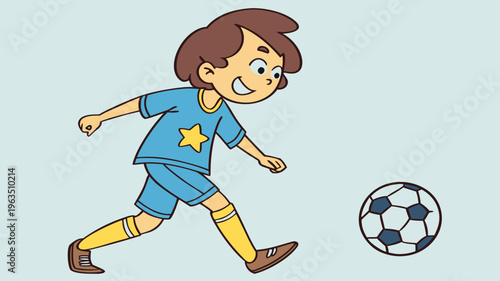 A young boy energetically kicking a soccer ball on a field