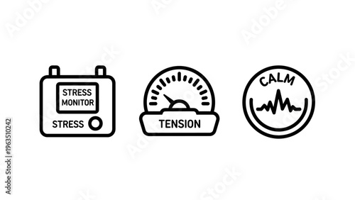 Stress monitor, tension, and calm icons - mental health and emotional balance line art vector illustration