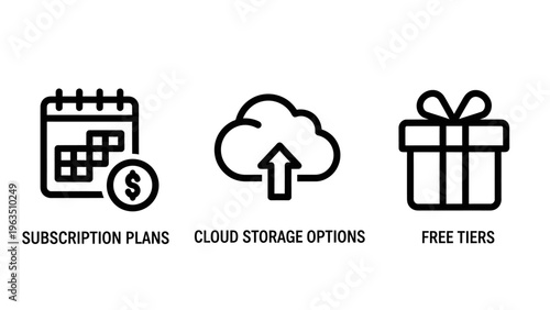 Subscription plans, cloud storage, and free tiers icons - digital service and pricing model line art vector, e commerce