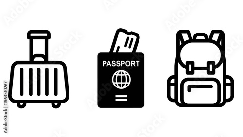 Travel suitcase, passport with tickets, and backpack icons for global tourism, holiday planning, and adventure journey concepts vector