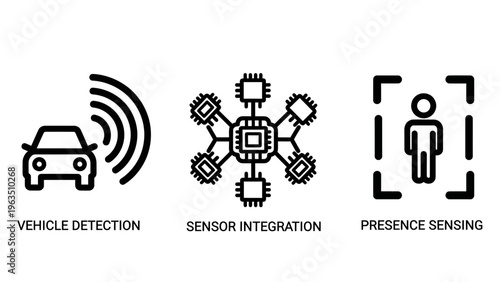 Autonomous vehicle detection, sensor integration, and human presence sensing icons for smart technologies and AI systems vector