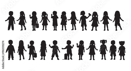Collection of diverse black silhouettes of children