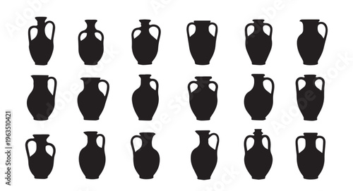 Collection of 15 black silhouette ancient greek amphorae