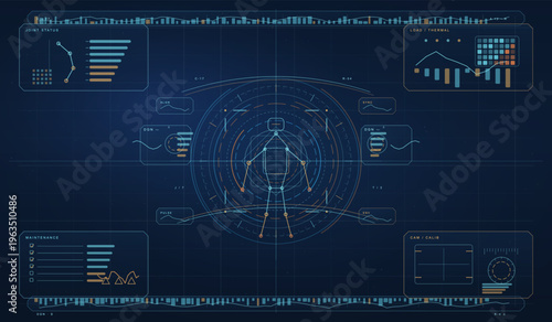A futuristic head-up display interface featuring a digital wireframe