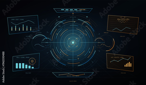 A futuristic digital HUD interface featuring circular navigation