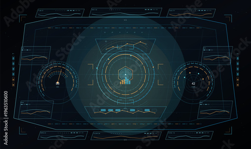 A futuristic head-up display interface featuring digital gauges, data