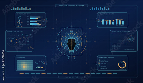A futuristic robot diagnostic overlay displays various data panels