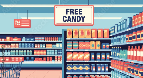 Grocery Store Aisle with Shelves Full of Products and a Free Candy Sign Offers Opportunity for Retail Shopping in a Commercial Setting