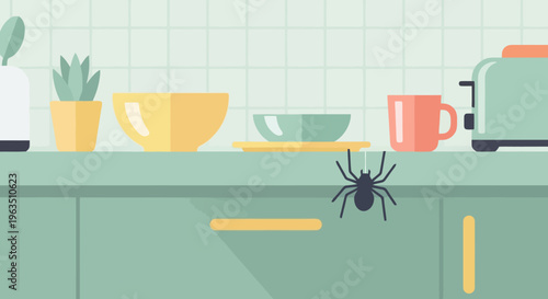 Spider Invasion Flat Vector Illustration of Kitchen Countertop with Pest Problem for Home Safety Awareness and Pest Control Promotion
