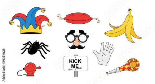 April Fools Day Vector Elements for Holiday Designs Spider Banana Peel Jester Hat Whistle Gag Glasses Whoopee Cushion Glove and Kick Me Sign