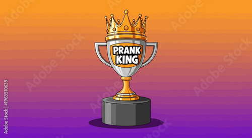 Golden Crown on Award Trophy Cup Celebrating Prank King Champion on Gradient Background Isolated Achievement Symbol For Humor Jest