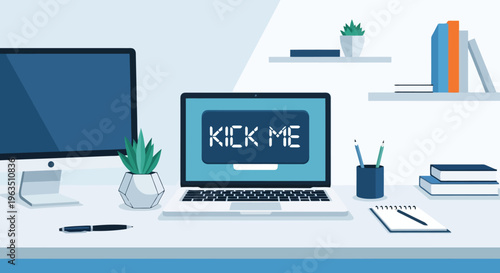 Workspace Mockup with Laptop Displaying Message Concept of Playful Prank and Humorous Office Environment for Creative Projects and Advertising