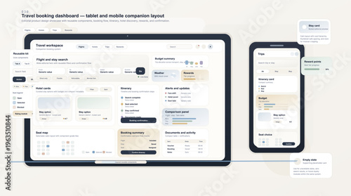 A comprehensive travel booking dashboard interface design featuring