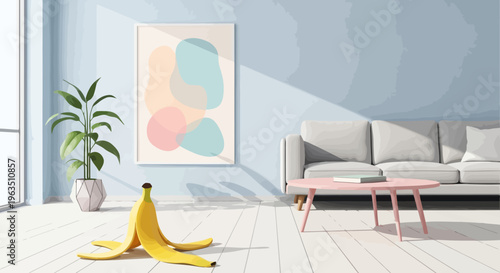 Modern Living Room Interior with Abstract Art and a Banana Peel on the Floor Stylish Minimalist Home Decor with Light Blue Walls and a Sofa