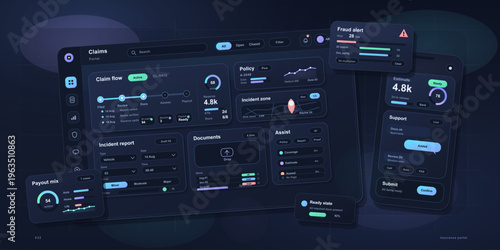 A modern dark mode insurance claims portal dashboard displayed on a