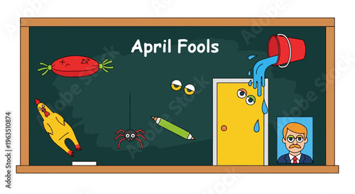 Humorous April Fools Day Classroom Illustration A Colorful Blackboard with Rubber Chicken Falling Water Bucket Toy Spider and Funny Door