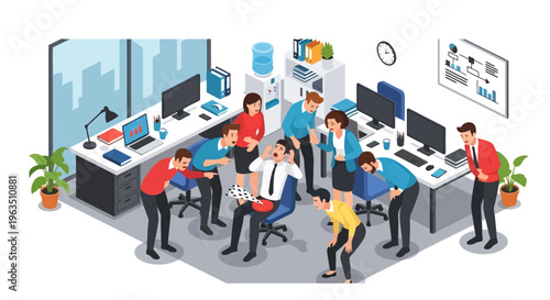 Overwhelmed Office Employee Surrounded by Colleagues with Urgent Requests in a Modern Open Space Illustrating Workplace Pressure and Stress