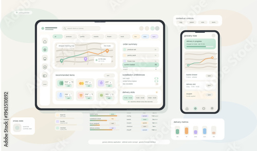 Modern grocery delivery app UI concept displayed on a tablet and