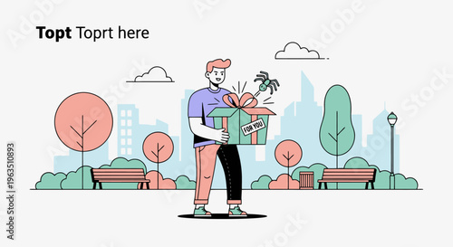 Vector Illustration Young Man Delivers a Large Gift Box in a Park Setting with Stylized Buildings and Trees for a Special Occasion