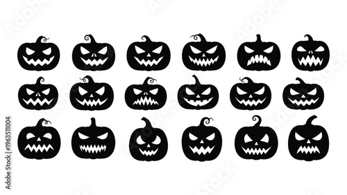 Collection of 15 unique black and white halloween pumpkin faces