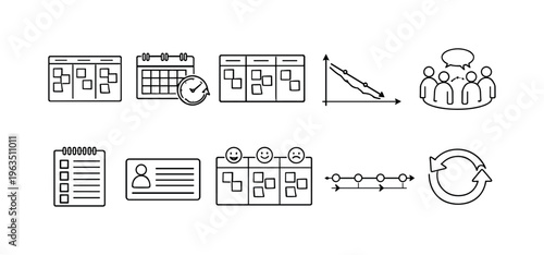 Collection of business process and project management icons in a clean line art style