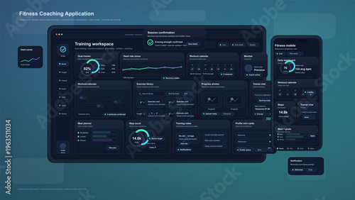 Modern fitness coaching application user interface in dark mode