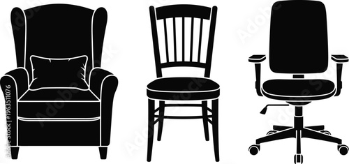 Furniture chair silhouette set including armchair, classic wooden chair and modern office chair icons, isolated design elements for interior, home and workspace use