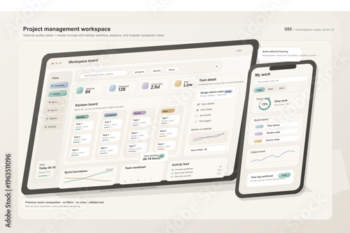Vector concept of a project management dashboard on a tablet and