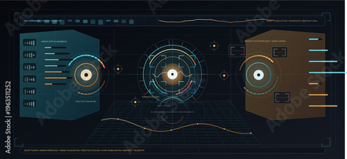 Futuristic head-up display interface with circular gauges, telemetry