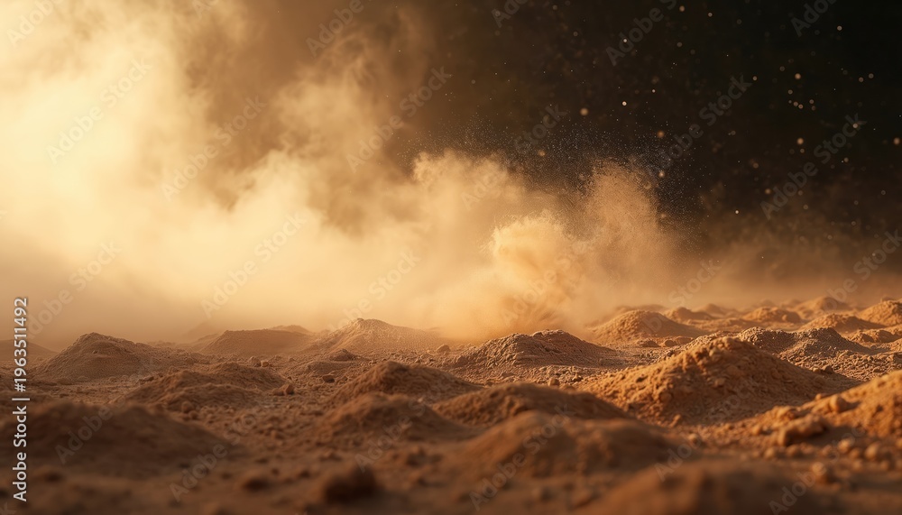 Fototapeta premium Dry ground with small hills shrouded in dust cloud. Particles swirl in hazy air. Faint light breaks through dark sky. Wind blows sand over rough terrain.