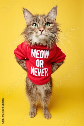 funny kitten standing upright in a red meow or never shirt against a yellow background in a playful pet portrait.