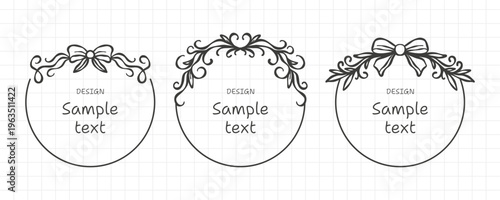Set of round ornamental frames with delicate floral tops, curling vintage flourishes and elegant circular borders, refined decorative collection for labels, invitations and romantic stationery. Vector