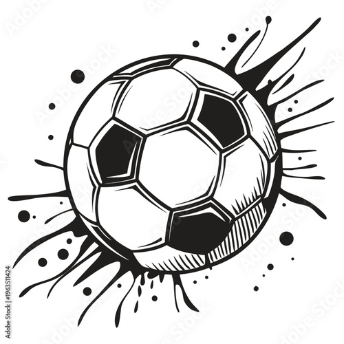 Dynamic black and white soccer ball exploding with energy and motion in a sketch style