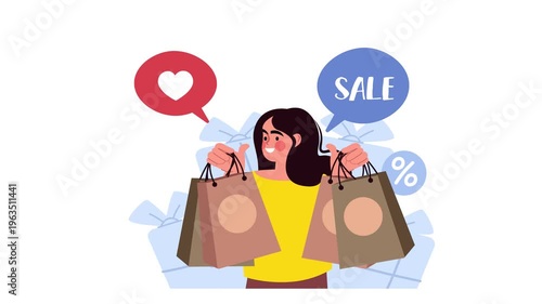 Cheerful woman holding shopping bags with sale and discount icons animation