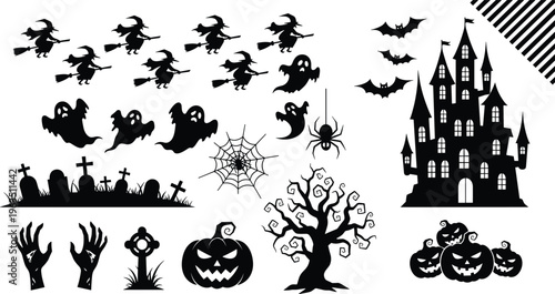 Halloween Silhouette Collection with Haunted Castle, Spooky Witches on Brooms, Scary Ghosts, Jack O Lantern Pumpkins, Bats, Spider Web, and Cemetery Graves.