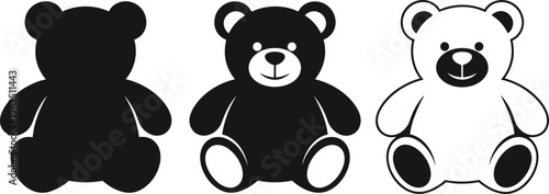 Cute Teddy Bear Vector Icon Set, Silhouette and Outline Plush Toy, Child Nursery Design Element, Baby Shower Graphic, Soft Toy Mascot,