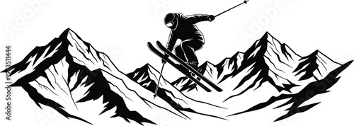 Action Silhouette of a Skier Jumping Over Snow Capped Mountain Peaks for Winter Sports Adventure Extreme Outdoors and Alpine Skiing Concept Designs