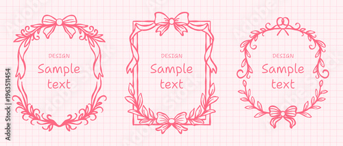 Romantic pink floral frame set with bows, blossoms and graceful ornamental borders, elegant collection of vintage label shapes for wedding stationery, invitations and feminine decor. Vector