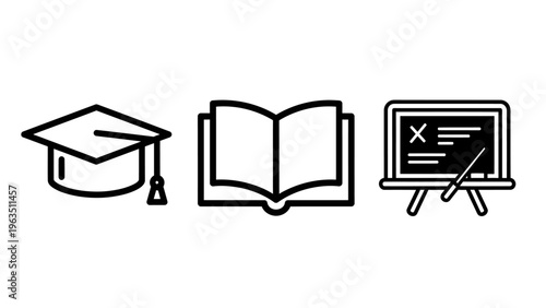Education and learning icons set with graduation cap, open book, and blackboard symbolizing academic study and knowledge development