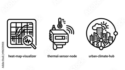 Smart city environmental icons set featuring heatmap visualizer, thermal sensor, and urban climate hub for data monitoring