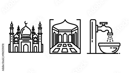 Islamic religious icons set featuring mosque architecture, traditional archway, and ablution water tap for purity rituals