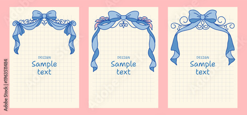 Set of blue ribbon frames on soft pink cards with graceful bows, vertical vintage borders and refined decorative corners, charming layouts for invitations, notes and labels. Vector illustration.