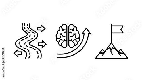 Strategic growth and achievement icons set featuring winding path, brain development, and mountain goal for success